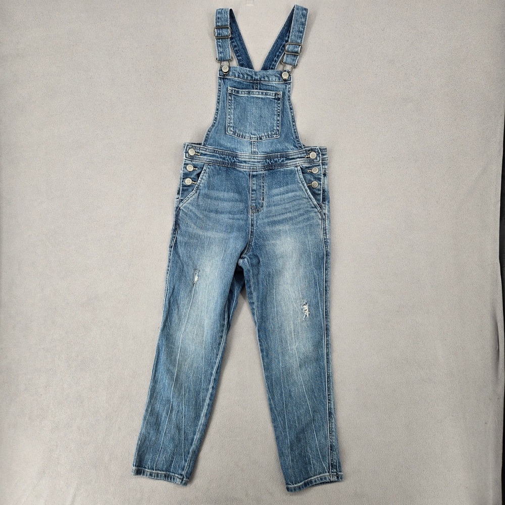 Cat & Jack Kids 10/12 Blue Denim Overalls Distressed Straight Leg Workwear